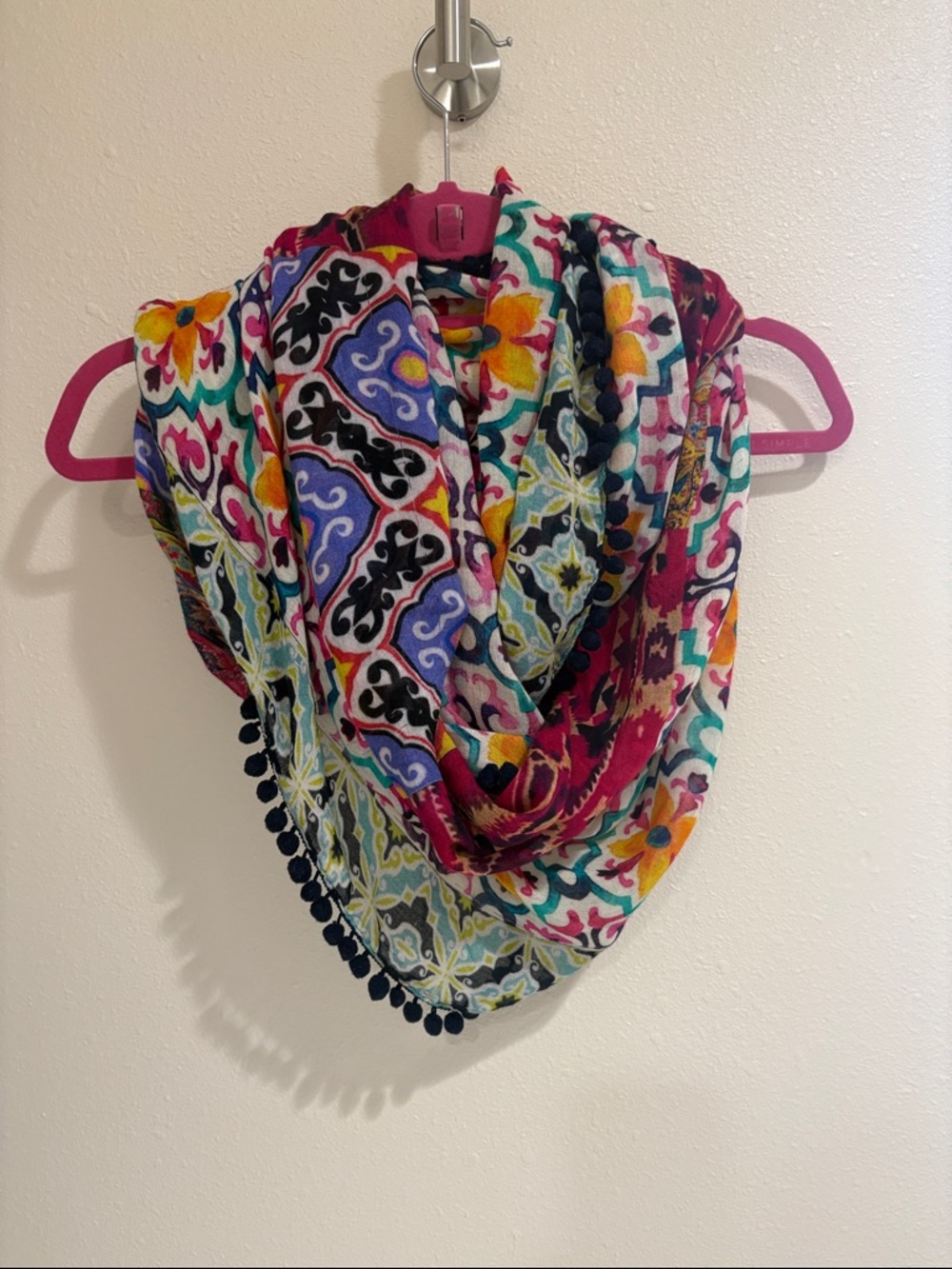 Anthropologie Multicolor Printed Scarf with Pom Trim
